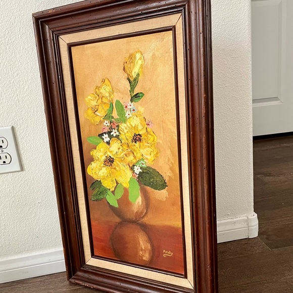 Vintage Original Oil Painting of Yellow Flowers In Vase by Andy 15/26 Framed - Picture 3 of 15